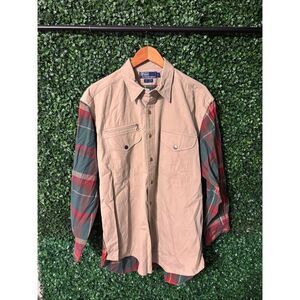Polo Ralph Lauren Vintage Button Down Cotton Linen Plaid Tan Shirt Sz Large